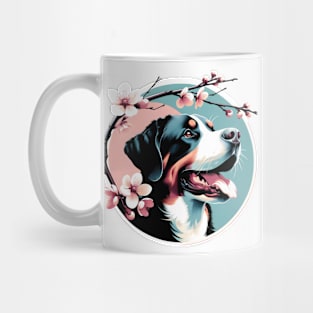 Joyful Greater Swiss Mountain Dog with Spring Cherry Blossoms Mug